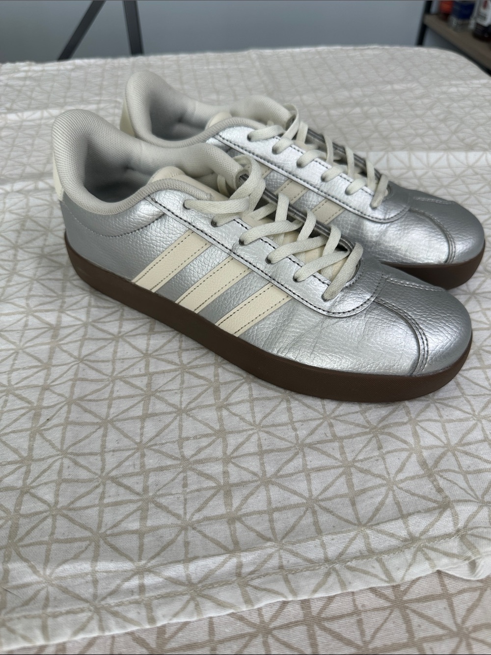adidas Silver Sneakers with Cream Stripes and Brown Sole